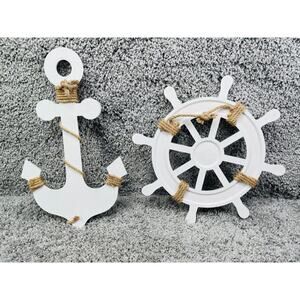 Rustic Nautical Anchor & Ship Wheel White Home Decor Figurine